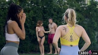 Jogging babes stumble across mature MILF in her backyard with her boy toy