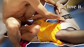 1685 - French Amateur, Yellow Satin Dress, Satin White Thong, Satin Bra, Heels, Stockings, Doggystyle, Blowjob, Rimming