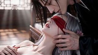 A Chinese classical beauty with skin as white as snow, dressed in red and with white hair. Blowjob, cum, first episode, AI-generated