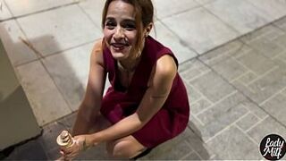 She goes out on the street without panties to have an orgasm in the square and then has sex all wet.