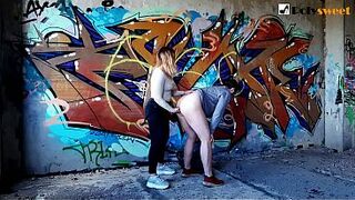 At the abandoned place I fuck with a guy, and then I fuck him with my strapon. Public pegging