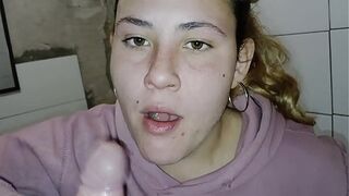 Homemade Blowjob in the Bathroom from an Argentinian girl who takes a huge load in her mouth