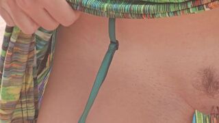 Public Beach NO PANTIES # Risky Pussy n red BUT PLUG flashing