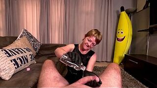 Mature WHORE wearing black dress jerking my BIG COCK in LATEX GLOVES, POV CUMSHOT