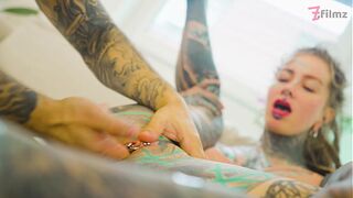 Tattooed pornstar gets filled with huge italian cock and gets covered head to toe in cum - ATM, gapes, big cumshot, deepthroat