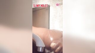 Slimy hole solo thick cock anal masturbation with old dildo nd her fingers