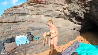 Busty Blonde Amateur erotic MILF Naked On Public Beach And Gives Blowjob