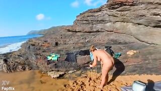 Busty Blonde Amateur erotic MILF Naked On Public Beach And Gives Blowjob