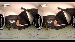 Solo blonde with big tits,Lena Love masturbating in bathroom,in VR.