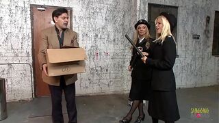 Two blonde mature sexy milf police officers arrest a guy and take him to the back alley for a erotic 3way