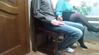 Hot sexy beautiful milf in pantyhose milking my cock in public