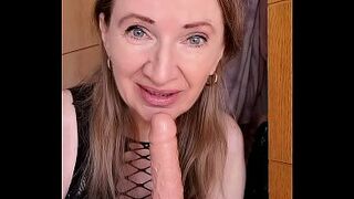 Busty thick GILF shows her secrets: a secret closet with a collection of dildos, sucks them and gives jerk instructions