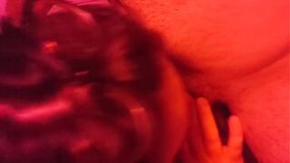 Hot naughty sexy MILF with big tits gives a blowjob in red light titty fucking and cumshot