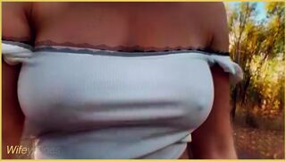 Amazing naughty sexy MILF flashing her tits on public bike ride