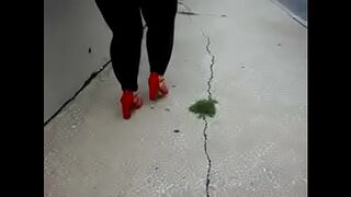 SEXY BBW Thick Latina curvy MILF walking with big thick shapely legs in leggings and heels (red)