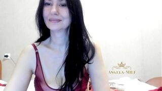 Dark haired beautiful erotic MILF in lace stockings and burgundy sexy panties dances and arouses young dicks / Angela-mature MILF