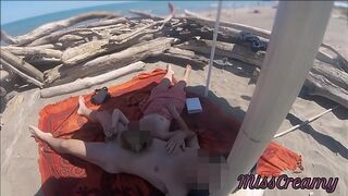 Exhibitionist Teacher Outdoor Amateur curvy MILF Handjob Big Cock on Nudity Beach public in front of voyeur with cum P1 - MissCreamy