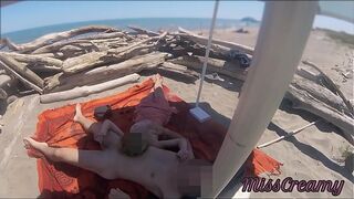 Exhibitionist Teacher Outdoor Amateur sexy beautiful MILF Handjob Big Cock on Nudity Beach public in front of voyeur with cum P2 - MissCreamy