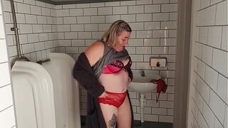 NZ gorgeous MILF slut in Public toilets flashing and strip for her Master