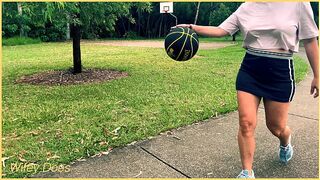Public exhibitionist braless naughty sexy MILF pays basketball with short skirt and no panties